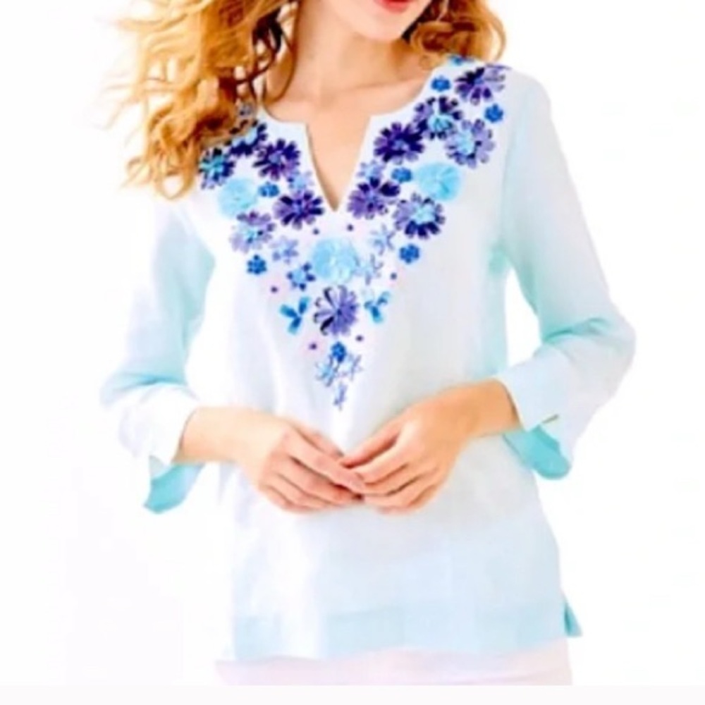 NWT LILLY PULITZER AMELIA ISLAND TUNIC WHISPER BLUE LARGE GORGEOUS EMBELLISHMENT